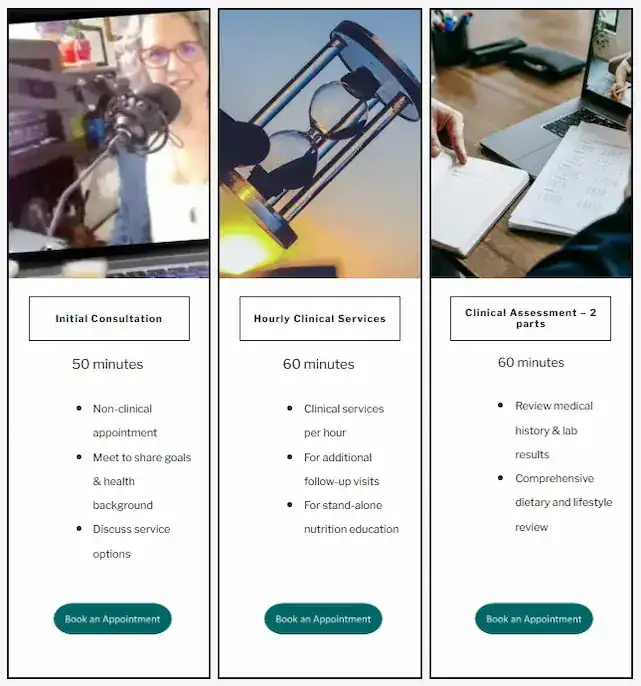 BetterByDesign Nutrition structured services roadmap: Initial Consultation, Hourly Clinical Services, Clinical Assessment (pt 1 & 2)