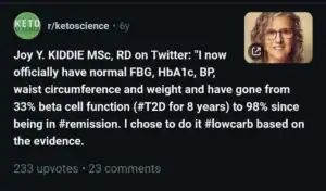 Reddit post about Joy Y. Kiddie, MSc, RD type 2 diabetes remission